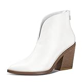 mysoft Women's V Cut Out Ankle Boots Slip On Pointed Toe Chunky Stacked Heel Booties White