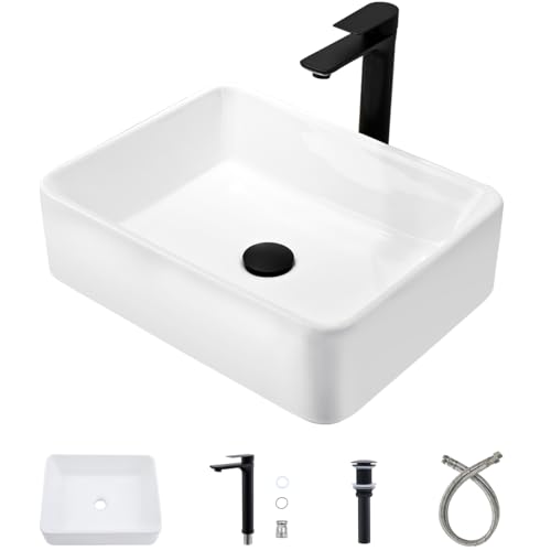 Xiiwin 19" X 15"(48.26x38.1 cm) Above Counter Bathroom Vessel Sink with Black Faucet 19 inch Above Counter Rectangle White Porcelain Ceramic Bathroom Vessel Sink Combo by Xiiwin - Used condition - CA$66.00