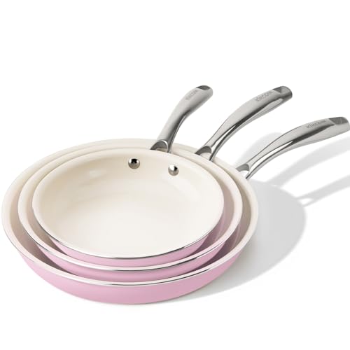 Kikcoin Non Stick Frying Pans Set, 3 Pack Ceramic Frying Pan with Stay Cool Handle, 8+9.5+11 Inch Nonstick Omelet Pan Non Toxic Egg Pans for Cooking, Induction Ready, Oven/Dishwasher Safe (P