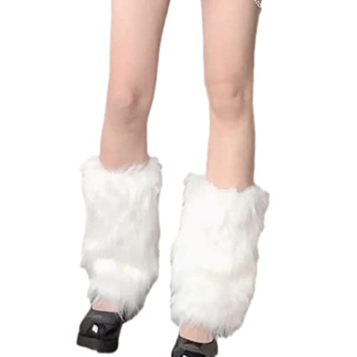 White Faux Leg Warmers Women Furry Fuzzy Plush Boot Cuffs Socks