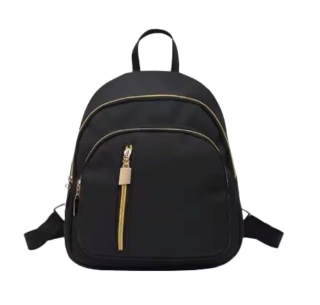 Mini Waterproof Nylon Backpack, Black with Gold Zippers, Multiple Compartments