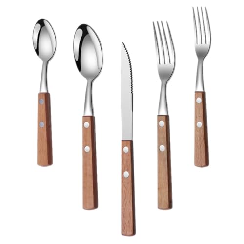 GLSTOY Juego de Cubiertos Ligero y Portátil de Acero Inoxidable Set de 5 Piezas Mango de Madera Adecuado para Cenas Familiares y Reuniones Festivas