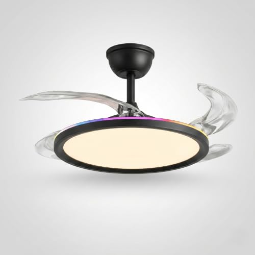 Image of oltao Zyro UltraSlim Retractable Ceiling Fan with RGB Ceiling Glow & 3-Color LED Panel Light, Summer /Winter Mode, Remote Control, 42 Inch Sweep (2026 Model) (Black Aura Glow, 42 inches)