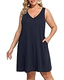 Sun Dresses Women Summer Plus Size Coverup Swimwear Navy Blue Tank Beach Casual Tshirt Pockets Short