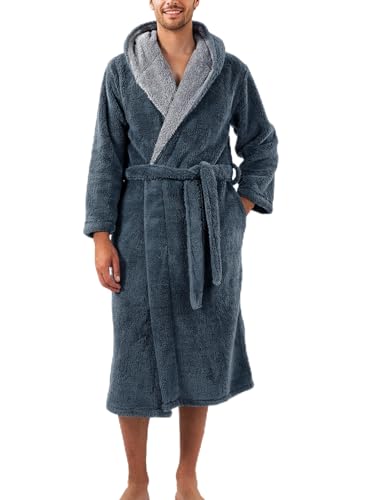 DAVID ARCHY Albornoz Hombre Batines para Casa Bata Larga con Capucha Cálida Suave Ropa de Dormir Polar coral de doble cara Ropa de Estar