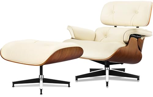 Image of Top Cream White Grain Leather, Mid Century Chaise Lounge Chair and Ottoman, Modern Chair Classic Design, Walnut Wood, Heavy Duty Base Support for Living Room Office
