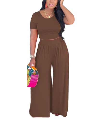 HBQ Two Piece Outfits For Women Casual Sweat Suits Backless Short Sleeve Crop Tops Wide Leg Pants Lounge Sets Tracksuit-Brown-XL