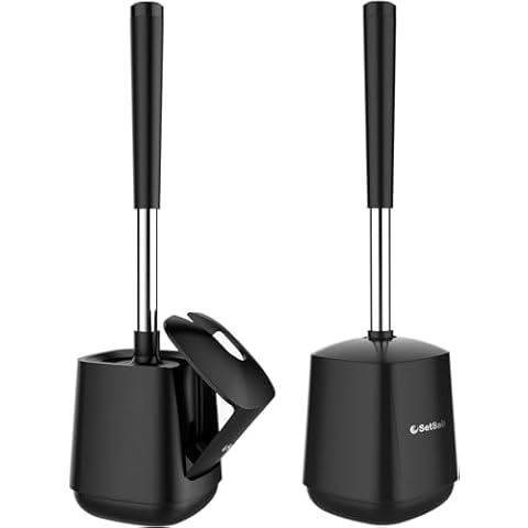SetSail Toilet Brush and Holder 2 Pack, Self Closing Lid Toilet Bowl Brushes Holder and Extra Long Handle Ventilated Toilet Brush Set for Bathroom Cleaning, Nylon Bristles, Black Cover
