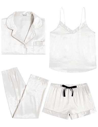 Ekouaer Women's Striped Satin Pajama Set 4 Pcs Silk Sleepwear Long Sleeve Button Down Pjs Cami Shorts Set #TOP11
