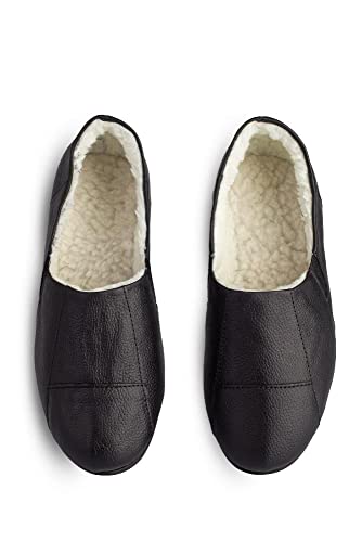 Sapatilha pantufa em couro unissex forrada com pelo 6103-46 - Preto