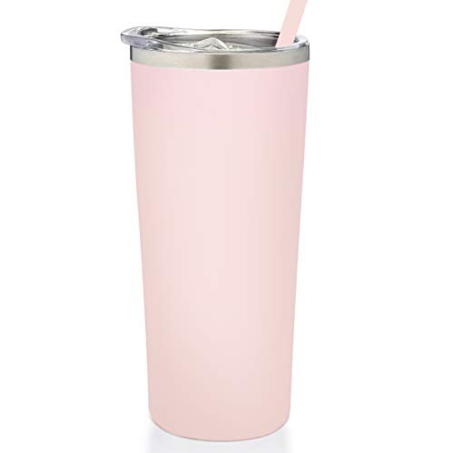 SassyCups Stainless Steel Vacuum Insulated Double Wall Powder Coated Drinking Tumbler with Lid and Straw | Coffee Travel Mug | Drink Cup | Water Bottle | Cold Thermos for Drinks (22 Ounce, Blush)