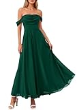 PRETTYGARDEN Womens Off Shoulder Maxi Summer Dresses 2026 Elegant Mesh Aline Swing Ruched Flowy Cocktail Wedding Guest Dress (Dark Green,Medium)