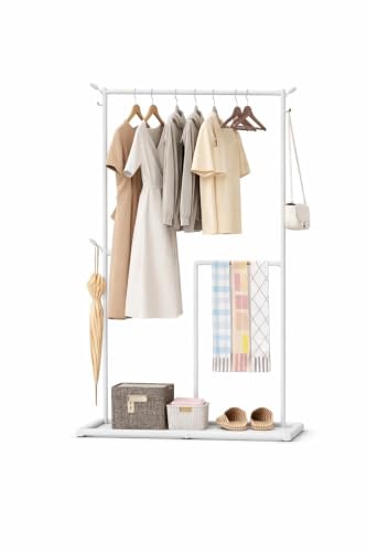 Image of Vasukie Heavy Duty Metal Clothes Rack with Bottom Storage Shelf & Side Hooks | Freestanding Garment Stand | Wardrobe Organizer for Bedroom, Living Room & Entryway (162.5 * 80.5 * 32.5) WHITE NEW