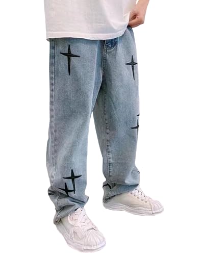 Baggy Jeans Men's Straight Leg Y2K Jeans Vintage Printed Jeans Casual Wide Leg Jeans Loose Fit Denim Hip Hop Jeans
