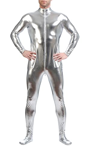 Lifup Unisex Ganzkörperanzug mit Füßen Overall Catsuit Unitard Anzug Suit Kostüm für Erwachsene und Kinder Silber 2XL Cover