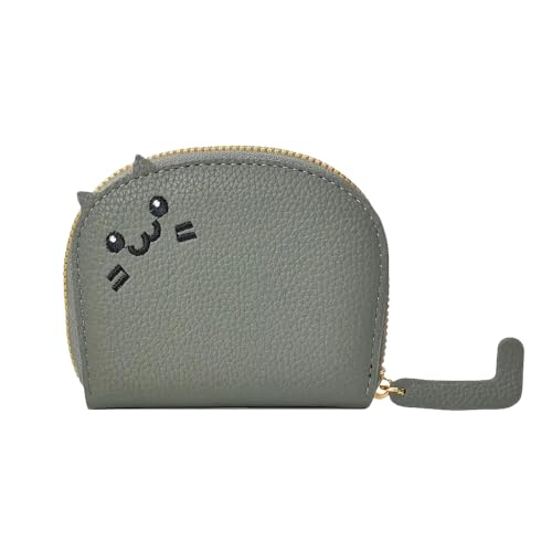 Carteira feminina em formato de gato, couro sintético, porta-cartões com janela para identidade e bolso para moedas, Verde, Tendência