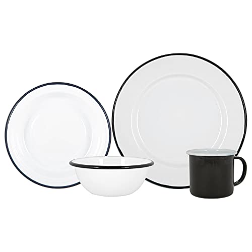 Argon Tableware Coloured Dinnerware Set - 16-Piece - Black Dinner Set Lightweight Camping Dinner Plates, Pasta Bowls, Coffee Mugs and Side Plates Dining Set