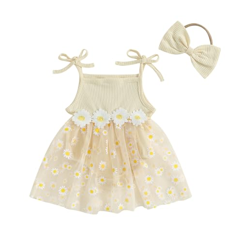 Newborn Yellow Dress Baby 0-3 Infant Girl Outfit Sleeveless Tulle Ribbed Romper Pink Dress with Hairband