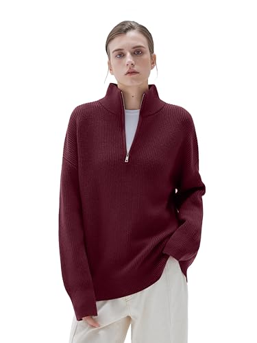 Image of SUUKSESS Women Cashmere Blend Oversized Quarter Zip Pullover Sweater Long Sleeve Collared Ribbed Knit Jumper Tops