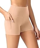 ODODOS Women's High Waist Lounge Yoga Shorts with Pockets, 4' Buttery Soft Biker Shorts, Peach, Medium