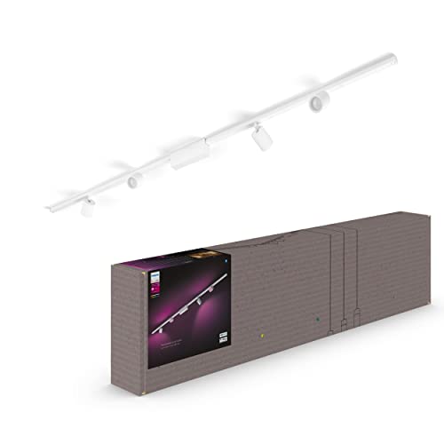 Questo kit di illuminazione a binario per soffitto, di colore bianco, include quattro faretti spot cilindrici, due binari da 1 metro e una alimentazione posizionata fra due binari