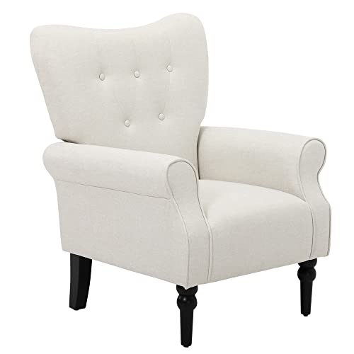 HOMCOM Fauteuil Classique Esprit bohème-Chic Dossier 5 Boutons accoudoirs courbés piètement Bois hévéa Noir revêtement Aspect Lin écru