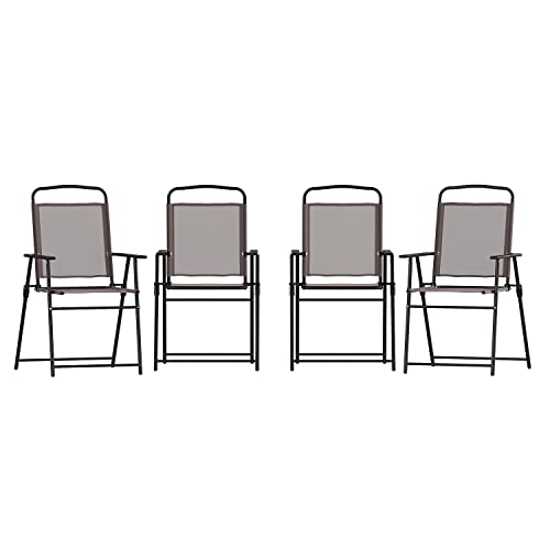 Flash Furniture Juego de 4 sillas plegables para patio con reposabrazos de textileno para exteriores, color marrón