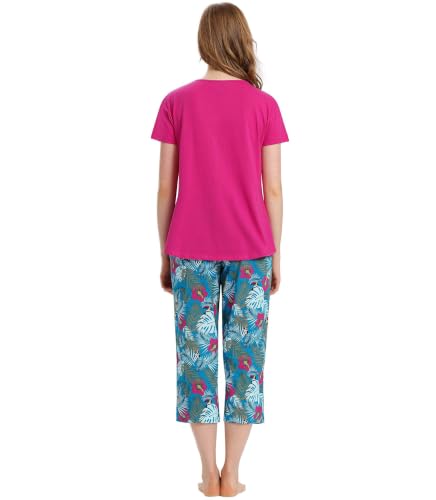 Image of ENJOYNIGHT Womens Pajama Sets Cotton Pj Set Short Sleeve Top With Capri Pants Sleepwear 2 Piece Lounge Set