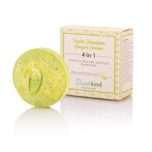 Duschkind Shampoo solido Ginger Lemon 4 in 1 – Shampoo gel doccia balsamo crema da barba – fatto a mano in Germania, olio di babassu, per capelli normali, vegani e senza plastica