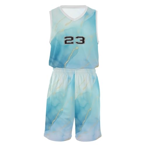FLildon Abstract Marble Blue Boys Basketball Jersey Set Tank Top Shorts Tracksuit Sport Training Suit for Kids, M