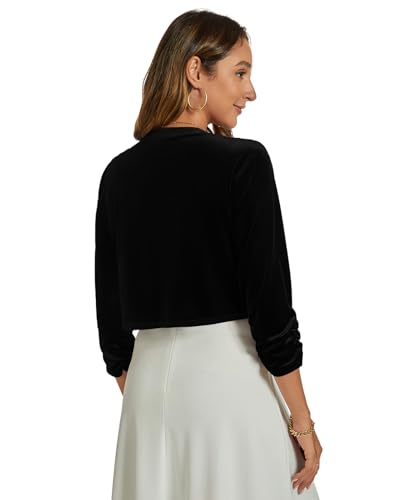 Image of Womens Velvet Bolero Shrug Elegant Open Front Ruched 3 /4 Sleeve Cocktail Party Cropped Cardigan