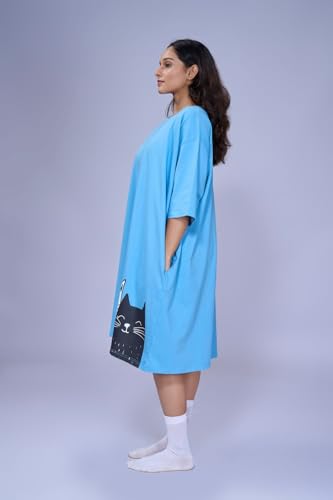 Image of LAMA STORE Women's Printed Oversized T-Shirt Dress, Cotton, 3 /4 Sleeve Length, Casual Loose Fit, Comfort Wear Extra Comfy Oversized Printed Pocket T-Shirt Dress