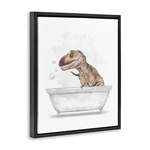 Image of T Rex Dino Bubble Bath Bathroom, 24 x 30 Inch Canvas in Floater Frame | Stupell Industries . By Ziwei Li . Ready to hang . Fun kids bathroom decor . Made in USA