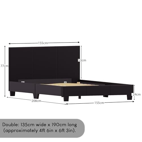 Vida Designs Lisbon Double Bed, 4ft6 Bed Frame Upholstered UKFR Faux Leather Headboard Low Foot End Bedroom Furniture, Brown