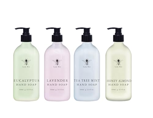 Home & Body Company Lady Bee Hand Soap Set, 4 Pack with Eucalyptus, Lavender, Tea Tree Mint, Honey Almond Scents, 21.5 fl oz Each with Pump Dispenser