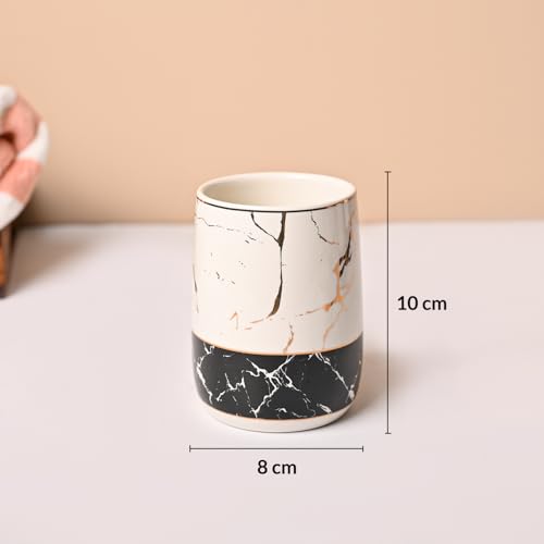 Image of Market99 Ceramic Bathroom Set Glossy White and Black with Sophisticated Marble Finish Design, Includes Soap Dispenser, Tumbler, Toothbrush Holder, and Soap Dish for Coordinated Bathroom Style, 300ML