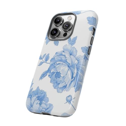 Coque iPhone 14 Pro motif floral pivoine bleu clair rigide antichoc