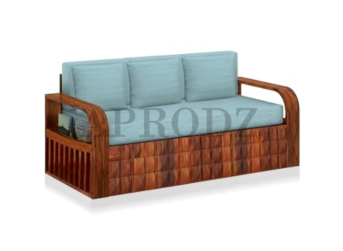 Image of APRODZ Solid Sheesham Wood Sofa Cum Bed 3 Seater with Side Storage Velevt Fabric Cushions Perfect Sofa Furniture for Home Living Office Room and Guests (Honey Finish 75x69x30-Inch)