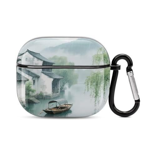 Custodia per cuffie Bluetooth Water Village in the Spring Rain stampata antiurto PC Hard Shell Copertura completa compatibile con ricarica wireless e AirPods 3a generazione con fibbia di