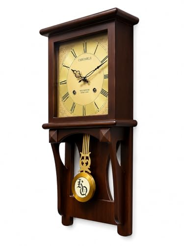 Image of Premium Wooden Pendulum Wall Clock with Musical Chime Sound, Roman Figure Golden Dial, Silent Sweep Quartz Movement, Classic Brown Finish, Battery Operated Decorative Wall Clock (22 x 11 x 3.5 Inch)
