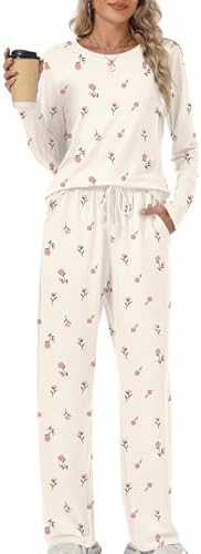 Rapbin Schlafanzug Damen Lang Pyjama Set Nachtwäsche Loungewear mit Taschen | Zweiteiliger Schlafanzüge für Damen Nachtwäsche Langarm Oberteile und Schlafhose mit Taschen Loungewea