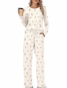 Rapbin Schlafanzug Damen Lang Pajamas Set Zweiteiliger Schlafanzüge für Damen Langarm Nachtwäsche Schlafhose mit Taschen Loungewear Sleepwear Hausanzug für Herbst Winter(Rosa Rose M)