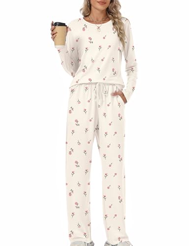 Rapbin Schlafanzug Damen Zweiteiliger Lang Pyjama Set Herbst Nachtwäsche Loungewear Hausanzug Schlafen Oberteil und Schlafhose mit Taschen(Rosa Rose S)