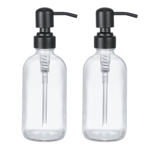 2 dispensadores de jabón de vidrio transparente de 8 onzas con bomba negra mate, botella redonda con bomba de acero inoxidable, juego de dispensador de jabón de baño para decoración de casa de campo y