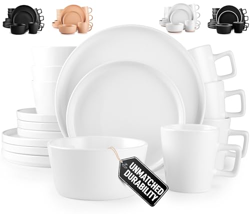Image of Zulay Kitchen Terra Plates and Bowls Sets, 16 Piece Modern Stoneware Dish Set for 4, Chip and Scratch Resistant Ceramic Dinnerware Set, Microwave and Dishwasher Safe, White