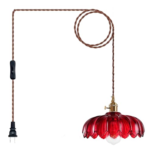 Image of XZHGCEE Plug in Pendant Light: Hanging Light Plug in Red Glass Hanging Lamp, Pendant Lighting for Kitchen Island, Bedroom, Dining Room, Living Room, E26 No Bulb