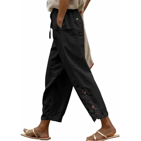 Acelitt Women Casual Linen Pants Lightweight Drawstring Elastic Waist Fall Fashion Slacks Capri Pants with Pockets Black Small Cover