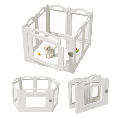 Image of Foldable Clear Acrylic Dog Playpen with Door, 23.6 inch Acrylic Puppy Playpen, Easy Assemble Indoor Pet Fence with White Frame, Clear Dog Playpen for Puppies & Animal (White, 23.6'H, 6 Panels + 1 Door)