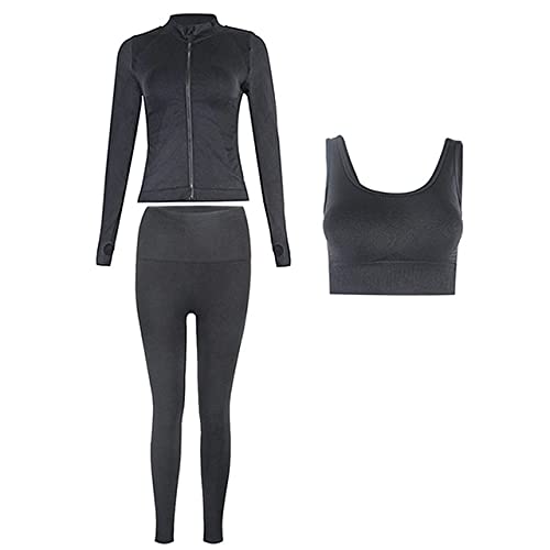 AAJIA Yoga Suit Nahtlose Frauen Sportswear Yoga Set Trainingskleidung Sportbekleidung Sport Gym Leggings Fitness BH Top Langarm Yoga Anzug,3pcsSetSchwarz,M Cover