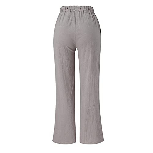 Pantalones de lino para mujer con corte de pierna ancha holgada y bolsillos funcionales 3